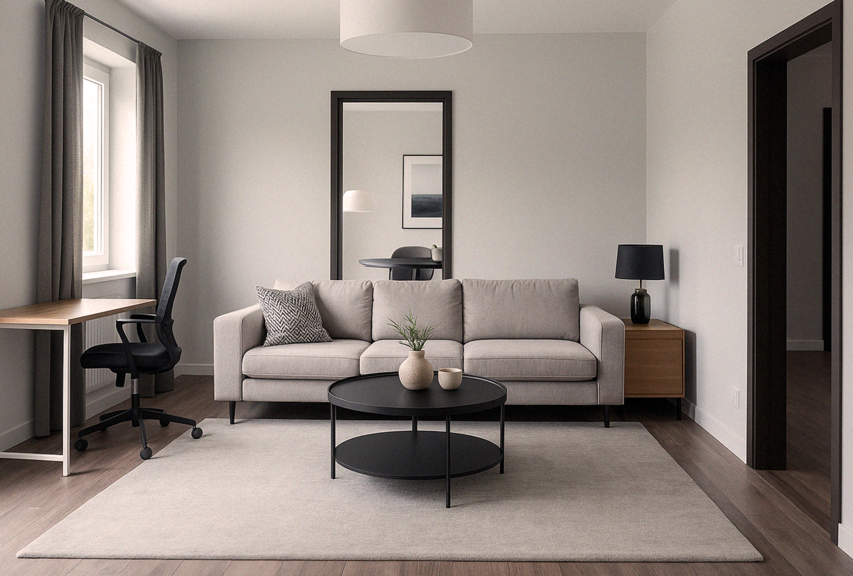 A clean and modern renovated room, suggesting a property after being recovered.